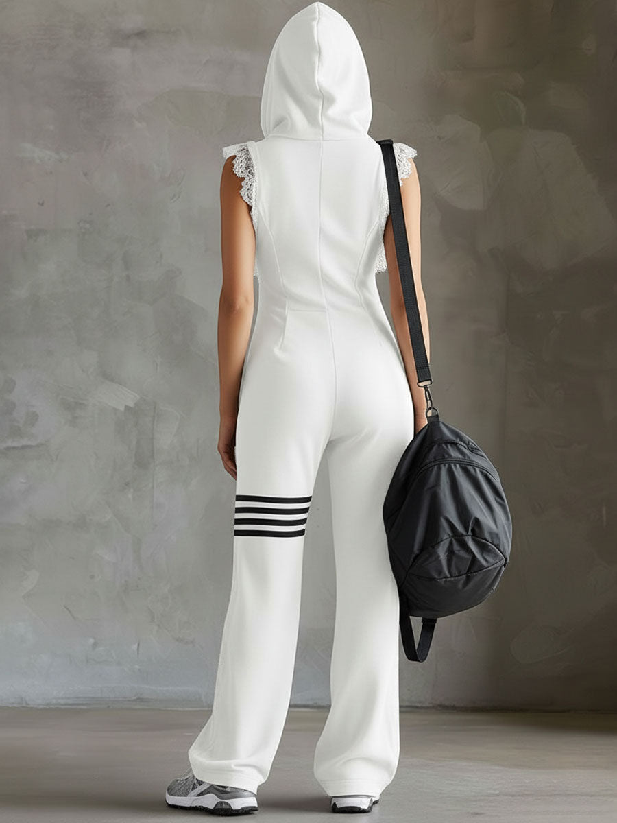 Danielle - Retro Sport-Jumpsuit with Kapuze and Streifen