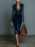 Amelia | Dunkelblaues Samt MidiDress Spitze V-Neck