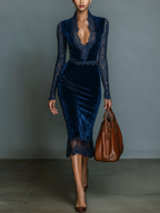 Amelia | Dunkelblaues Samt MidiDress Spitze V-Neck