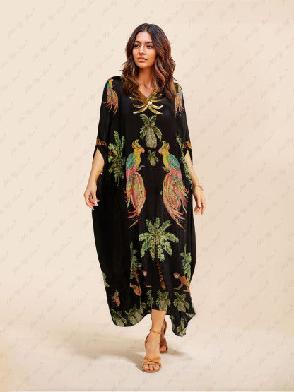 CLARA | UNIQUE DROP SHOULDER SLEEVE COCONUT TREE PRINTED DRESS