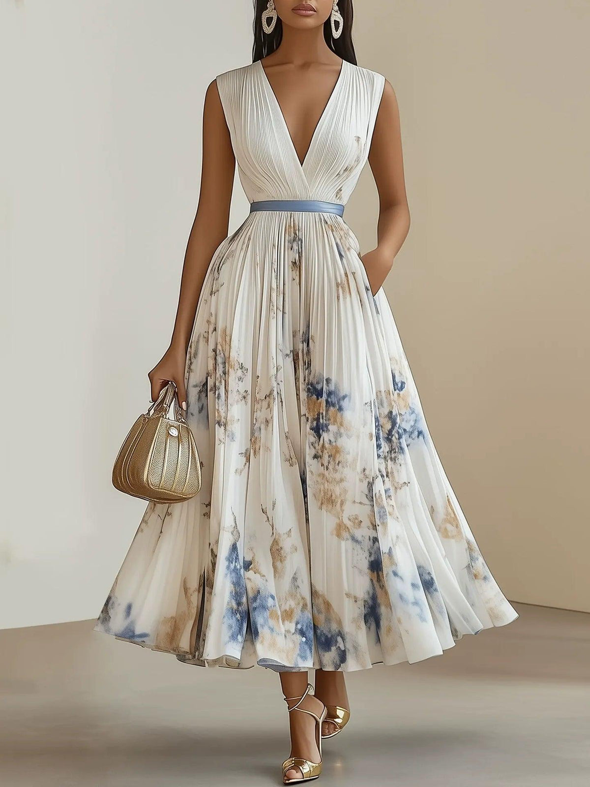 Chloe | White Floral Chiffon V-Neck Plissee Midi-Dress