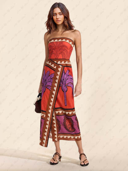 CATHERINE | UNIQUE PALM TREE FLORAL OFF-SHOULDER MIDI DRESS