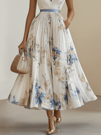 Chloe | White Floral Chiffon V-Neck Plissee Midi-Dress