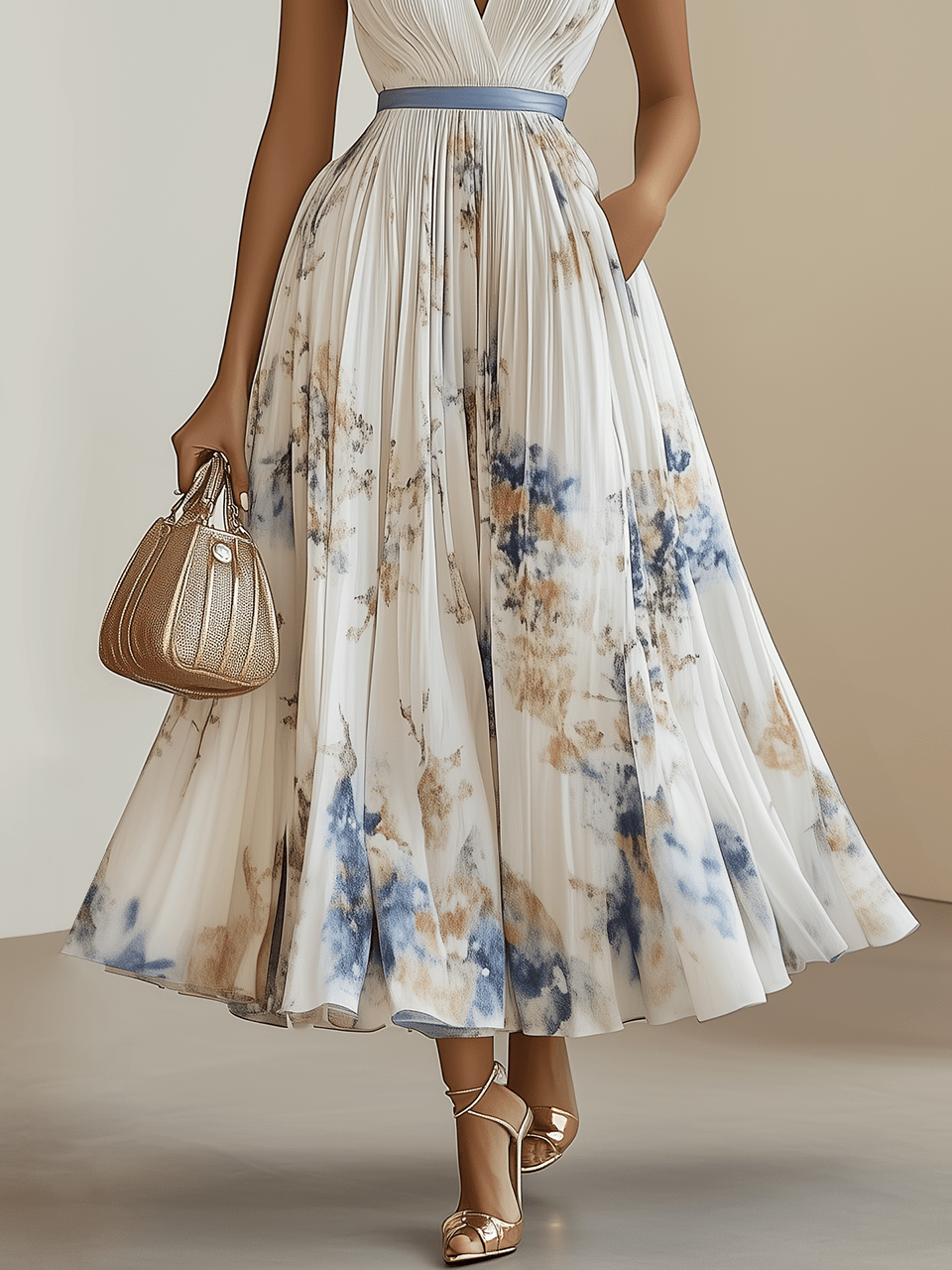 Chloe | White Floral Chiffon V-Neck Plissee Midi-Dress