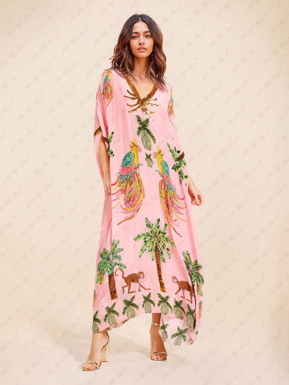 CLARA | UNIQUE DROP SHOULDER SLEEVE COCONUT TREE PRINTED DRESS
