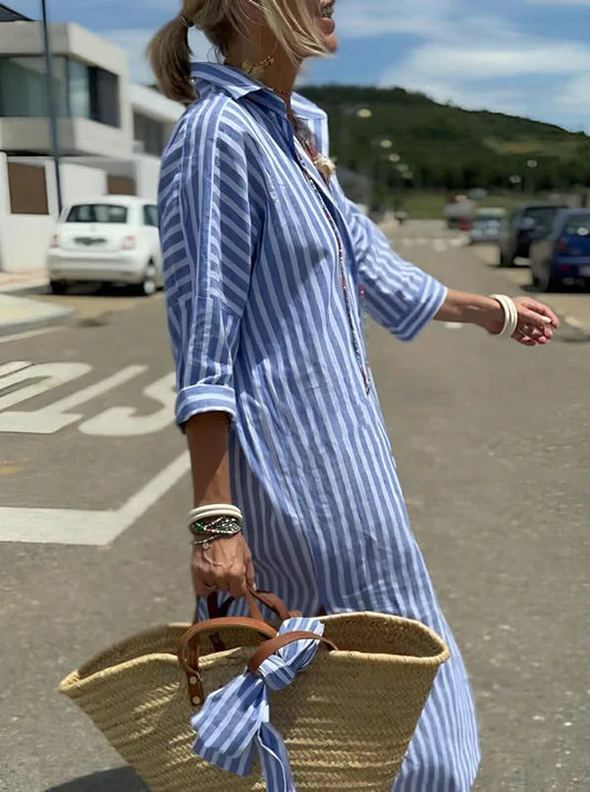 Lace-Up Striped Shirt Dress – Effortless Elegance by Charming Closet
