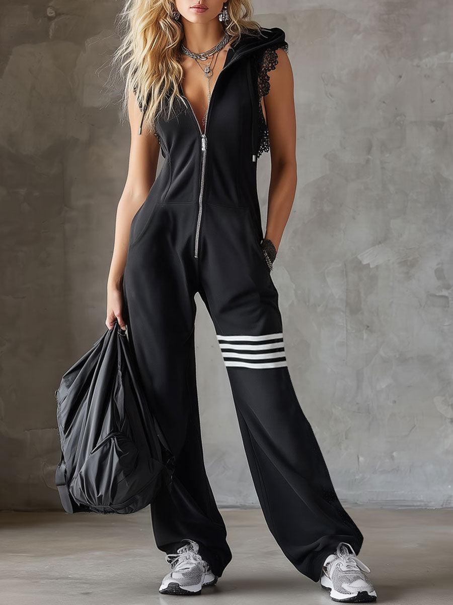 Danielle - Retro Sport-Jumpsuit with Kapuze and Streifen