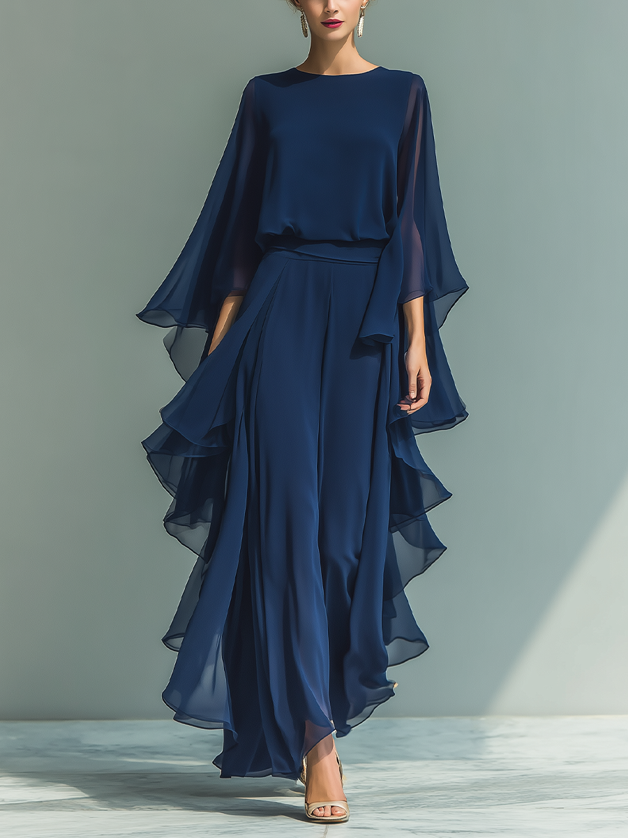 Clara | Marineblaues Chiffon Set Ruffled Pants