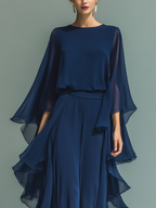 Clara | Marineblaues Chiffon Set Ruffled Pants