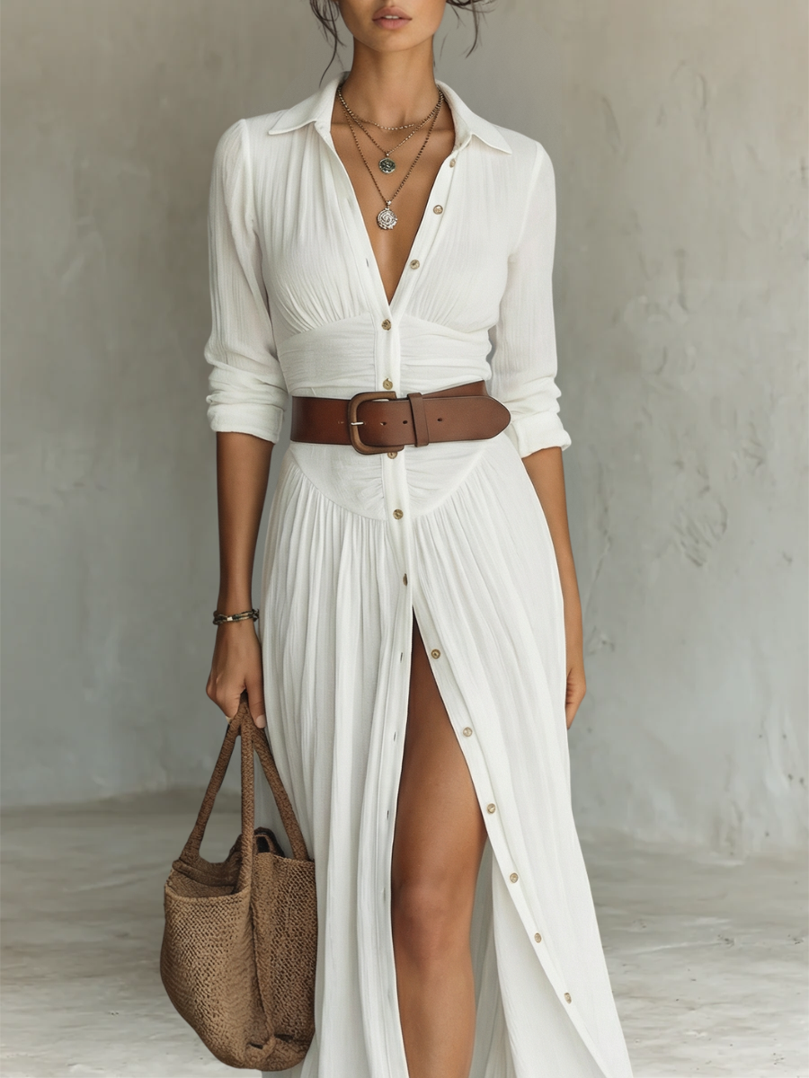 Linen MaxiDress ReversCollar Langarm