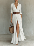 Linen MaxiDress ReversCollar Langarm