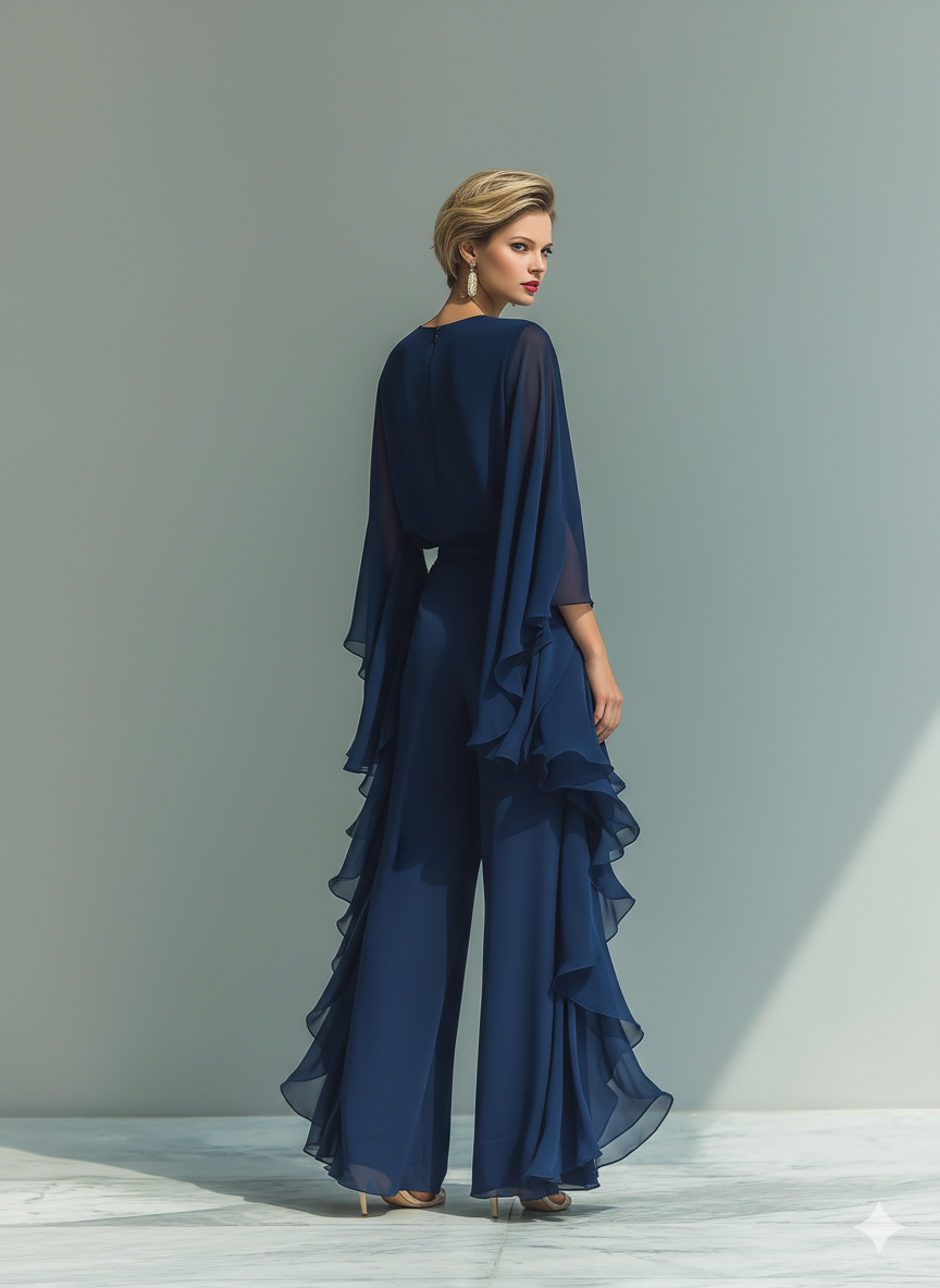 Clara | Marineblaues Chiffon Set Ruffled Pants