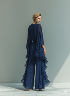 Clara | Marineblaues Chiffon Set Ruffled Pants