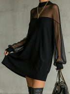 Daisy | Schwarzes Mesh-Ärmels High-Neck Midi-Dress