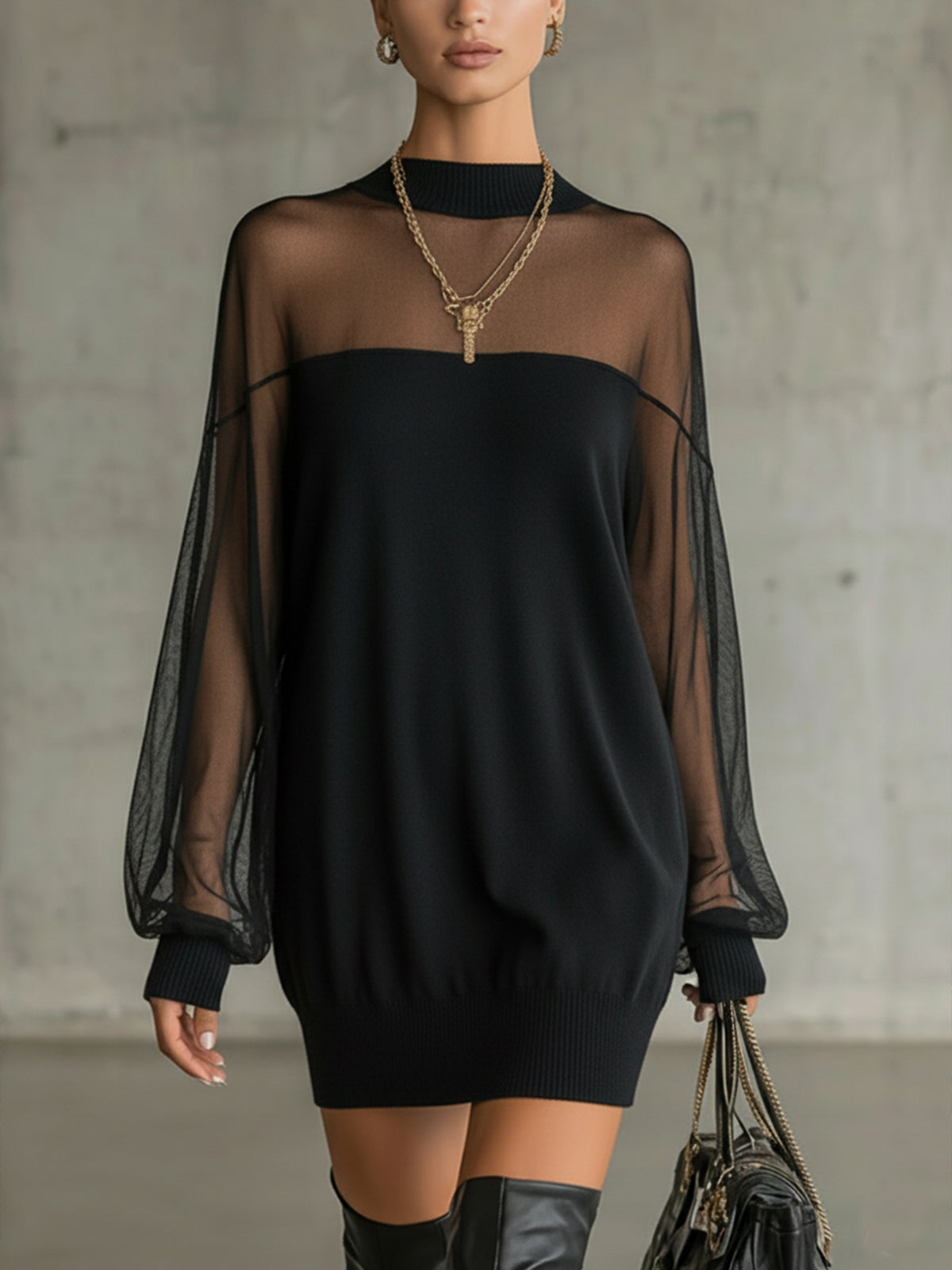 Daisy | Schwarzes Mesh-Ärmels High-Neck Midi-Dress