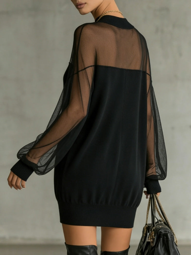 Daisy | Schwarzes Mesh-Ärmels High-Neck Midi-Dress