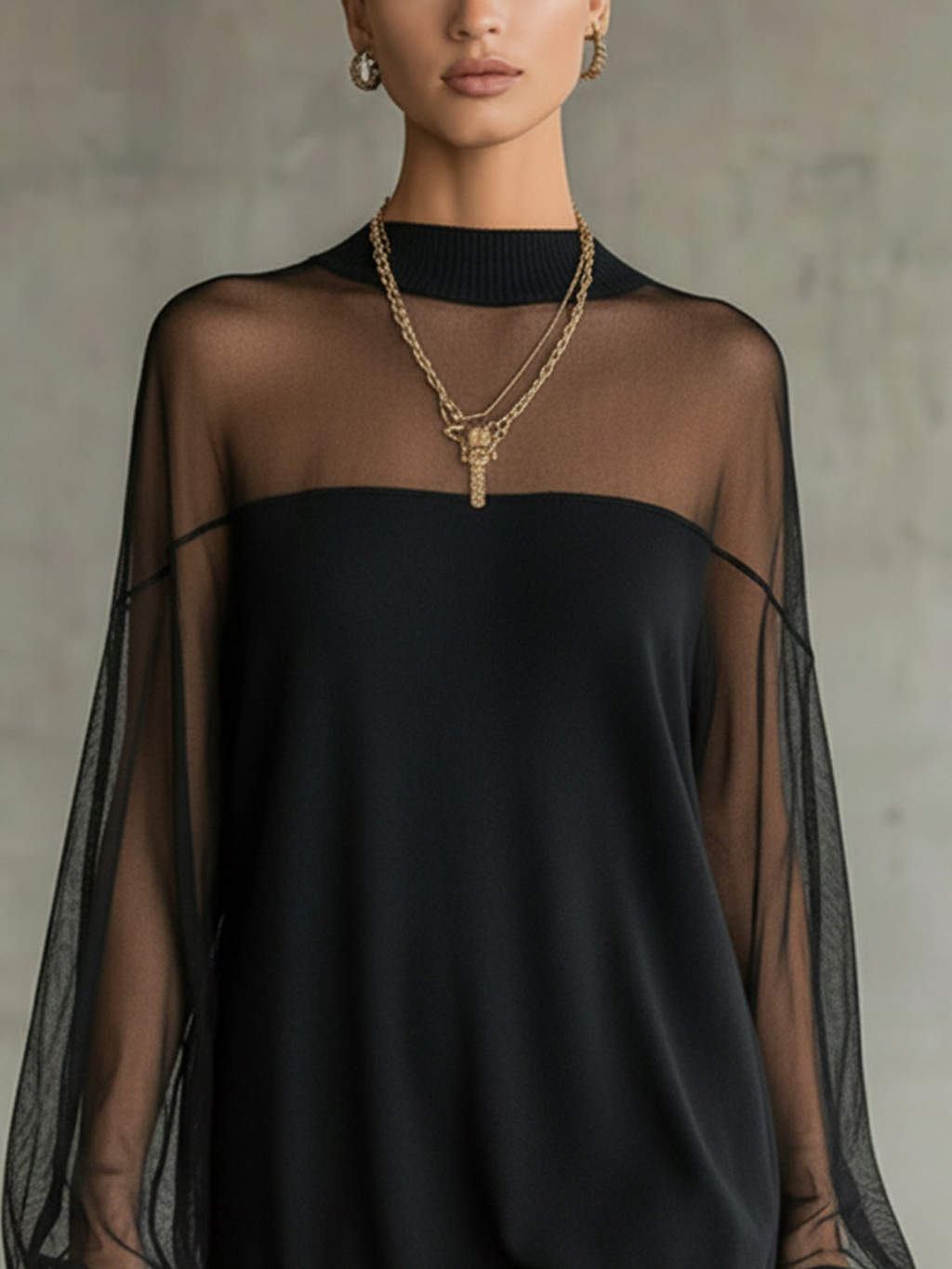 Daisy | Schwarzes Mesh-Ärmels High-Neck Midi-Dress