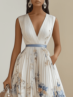 Chloe | White Floral Chiffon V-Neck Plissee Midi-Dress