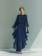 Clara | Marineblaues Chiffon Set Ruffled Pants