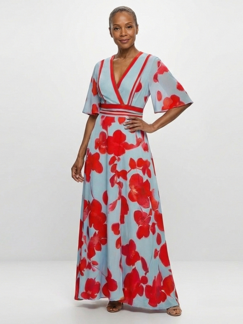 Corinne | V-Neck Kurzarm Blumen MaxiDress