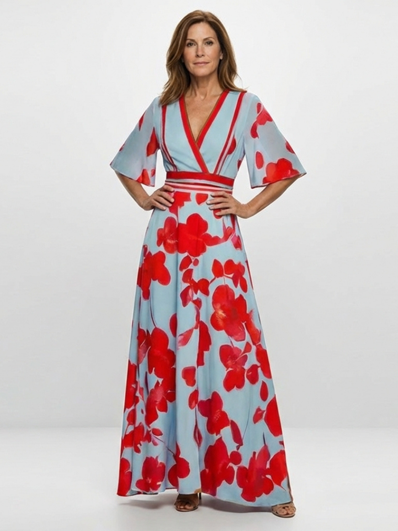 Corinne | V-Neck Kurzarm Blumen MaxiDress